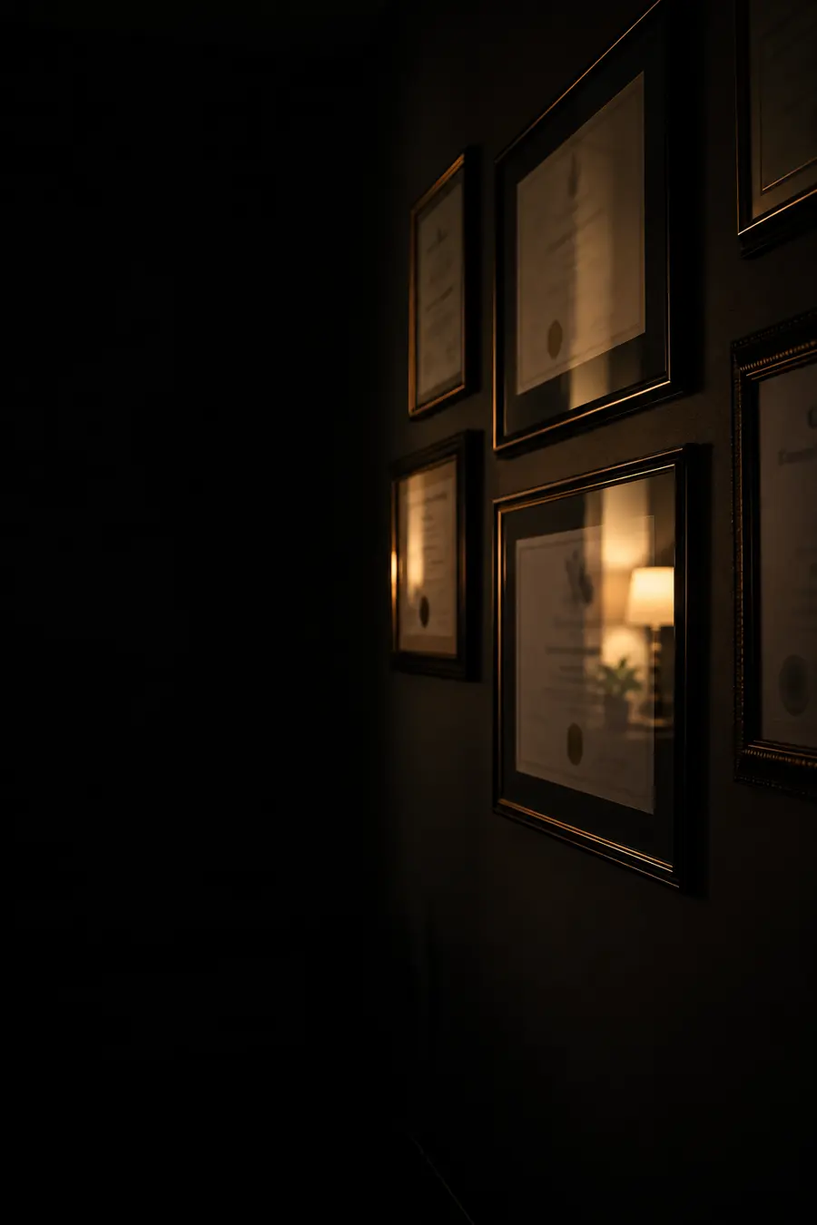 Parede de consultório com diplomas emoldurados, iluminada só de um lado
